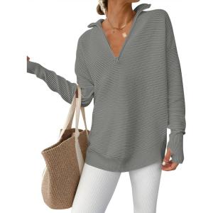 imageANRABESS Womens Long Sleeve Quarter Zip Pullover Sweater Casual Loose V Neck Collared Ribbed Knit Jumper Tops Thumb HoleArmy Green