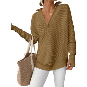 imageANRABESS Womens Long Sleeve Quarter Zip Pullover Sweater Casual Loose V Neck Collared Ribbed Knit Jumper Tops Thumb HoleBrown