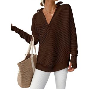 imageANRABESS Womens Long Sleeve Quarter Zip Pullover Sweater Casual Loose V Neck Collared Ribbed Knit Jumper Tops Thumb HoleCoffee