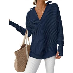 imageANRABESS Womens Long Sleeve Quarter Zip Pullover Sweater Casual Loose V Neck Collared Ribbed Knit Jumper Tops Thumb HoleDark Blue
