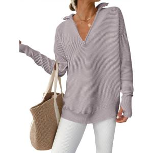 imageANRABESS Womens Long Sleeve Quarter Zip Pullover Sweater Casual Loose V Neck Collared Ribbed Knit Jumper Tops Thumb HoleGray Apricot