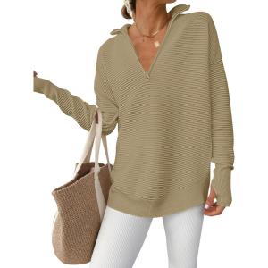 imageANRABESS Womens Long Sleeve Quarter Zip Pullover Sweater Casual Loose V Neck Collared Ribbed Knit Jumper Tops Thumb HoleKhaki