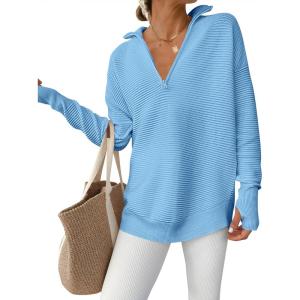 imageANRABESS Womens Long Sleeve Quarter Zip Pullover Sweater Casual Loose V Neck Collared Ribbed Knit Jumper Tops Thumb HoleLight Blue