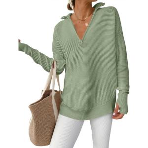 imageANRABESS Womens Long Sleeve Quarter Zip Pullover Sweater Casual Loose V Neck Collared Ribbed Knit Jumper Tops Thumb HoleLight Green