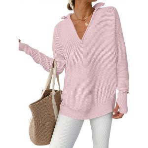 imageANRABESS Womens Long Sleeve Quarter Zip Pullover Sweater Casual Loose V Neck Collared Ribbed Knit Jumper Tops Thumb HolePink