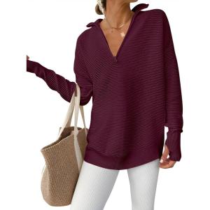 imageANRABESS Womens Long Sleeve Quarter Zip Pullover Sweater Casual Loose V Neck Collared Ribbed Knit Jumper Tops Thumb HoleWine Red