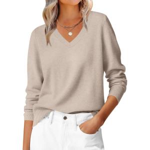 imageANRABESS Womens Long Sleeve V Neck Sweaters 2025 Fall Casual Classic Soft Loose Fit Basic Pullover Jumper TopAlmond