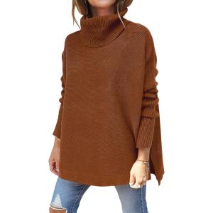 imageANRABESS Womens Oversized Turtleneck Batwing Sleeve Spilt Casual Loose Knit Tunic Pullover Sweater Tops 2025 Fall OutfitsAuburn