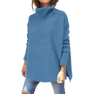 imageANRABESS Womens Oversized Turtleneck Batwing Sleeve Spilt Casual Loose Knit Tunic Pullover Sweater Tops 2025 Fall OutfitsBlue