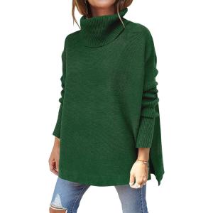 imageANRABESS Womens Oversized Turtleneck Batwing Sleeve Spilt Casual Loose Knit Tunic Pullover Sweater Tops 2025 Fall OutfitsDeep Green