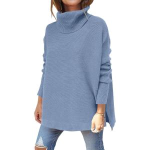 imageANRABESS Womens Oversized Turtleneck Batwing Sleeve Spilt Casual Loose Knit Tunic Pullover Sweater Tops 2025 Fall OutfitsGray Blue