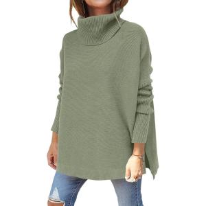 imageANRABESS Womens Oversized Turtleneck Batwing Sleeve Spilt Casual Loose Knit Tunic Pullover Sweater Tops 2025 Fall OutfitsGreen