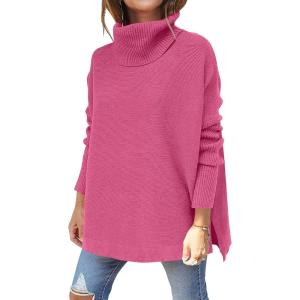 imageANRABESS Womens Oversized Turtleneck Batwing Sleeve Spilt Casual Loose Knit Tunic Pullover Sweater Tops 2025 Fall OutfitsHot Pink