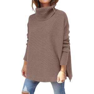 imageANRABESS Womens Oversized Turtleneck Batwing Sleeve Spilt Casual Loose Knit Tunic Pullover Sweater Tops 2025 Fall OutfitsLight Brown