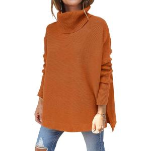 imageANRABESS Womens Oversized Turtleneck Batwing Sleeve Spilt Casual Loose Knit Tunic Pullover Sweater Tops 2025 Fall OutfitsOrange Rust