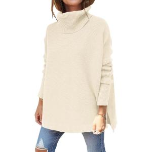 imageANRABESS Womens Oversized Turtleneck Batwing Sleeve Spilt Casual Loose Knit Tunic Pullover Sweater Tops 2025 Fall OutfitsParchment Apricot