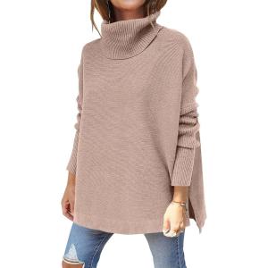 imageANRABESS Womens Oversized Turtleneck Batwing Sleeve Spilt Casual Loose Knit Tunic Pullover Sweater Tops 2025 Fall OutfitsPeach Brown Khaki