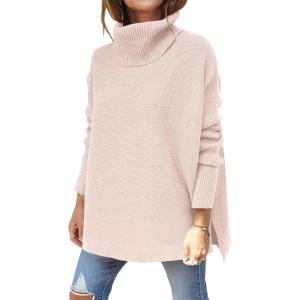 imageANRABESS Womens Oversized Turtleneck Batwing Sleeve Spilt Casual Loose Knit Tunic Pullover Sweater Tops 2025 Fall OutfitsPink