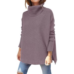 imageANRABESS Womens Oversized Turtleneck Batwing Sleeve Spilt Casual Loose Knit Tunic Pullover Sweater Tops 2025 Fall OutfitsPurple