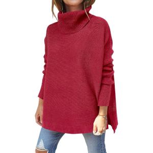 imageANRABESS Womens Oversized Turtleneck Batwing Sleeve Spilt Casual Loose Knit Tunic Pullover Sweater Tops 2025 Fall OutfitsRed