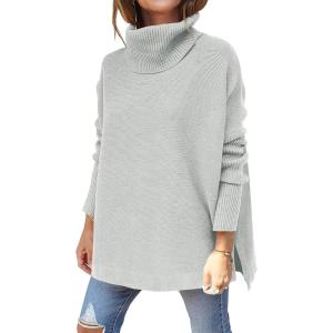 imageANRABESS Womens Oversized Turtleneck Batwing Sleeve Spilt Casual Loose Knit Tunic Pullover Sweater Tops 2025 Fall OutfitsSilver