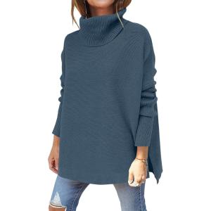 imageANRABESS Womens Oversized Turtleneck Batwing Sleeve Spilt Casual Loose Knit Tunic Pullover Sweater Tops 2025 Fall OutfitsTeal
