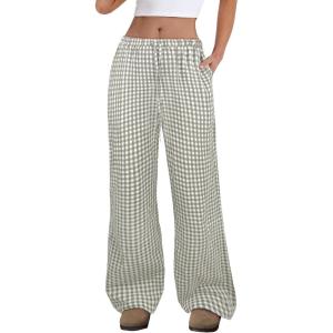 imageANRABESS Womens Striped Gingham Pants 2025 Fall Pajama Lounge Boxer Pants Casual Wide Leg Drawstring PJ Bottoms TrousersArmy Green White Plaid