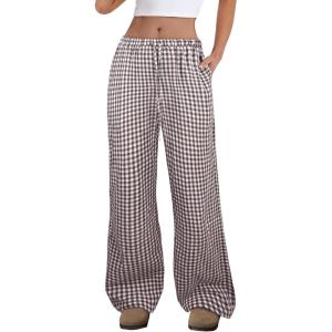 imageANRABESS Womens Striped Gingham Pants 2025 Fall Pajama Lounge Boxer Pants Casual Wide Leg Drawstring PJ Bottoms TrousersBrown White Plaid