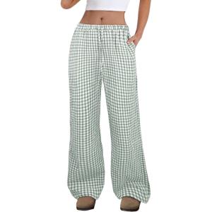 imageANRABESS Womens Striped Gingham Pants 2025 Fall Pajama Lounge Boxer Pants Casual Wide Leg Drawstring PJ Bottoms TrousersGreen White Plaid