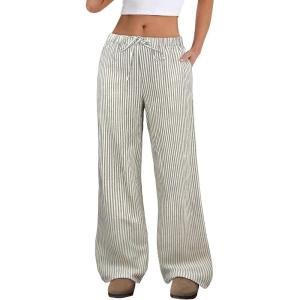 imageANRABESS Womens Striped Gingham Pants 2025 Fall Pajama Lounge Boxer Pants Casual Wide Leg Drawstring PJ Bottoms TrousersGreen White Stripe
