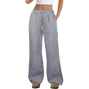 imageANRABESS Womens Striped Gingham Pants 2025 Fall Pajama Lounge Boxer Pants Casual Wide Leg Drawstring PJ Bottoms TrousersNavy Blue White Plaid