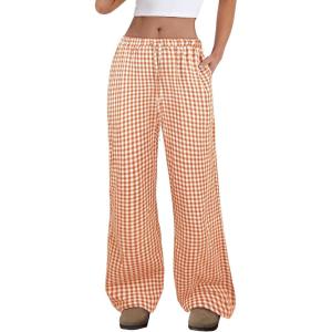 imageANRABESS Womens Striped Gingham Pants 2025 Fall Pajama Lounge Boxer Pants Casual Wide Leg Drawstring PJ Bottoms TrousersOrange White Plaid