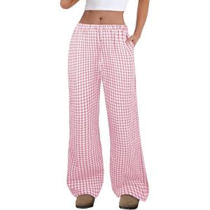 imageANRABESS Womens Striped Gingham Pants 2025 Fall Pajama Lounge Boxer Pants Casual Wide Leg Drawstring PJ Bottoms TrousersPink White Plaid
