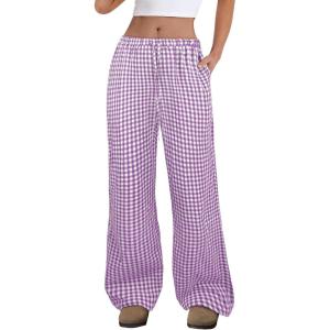 imageANRABESS Womens Striped Gingham Pants 2025 Fall Pajama Lounge Boxer Pants Casual Wide Leg Drawstring PJ Bottoms TrousersPurple White Plaid