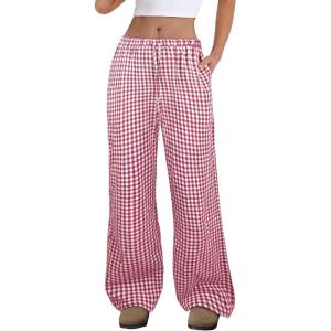 imageANRABESS Womens Striped Gingham Pants 2025 Fall Pajama Lounge Boxer Pants Casual Wide Leg Drawstring PJ Bottoms TrousersRed White Plaid