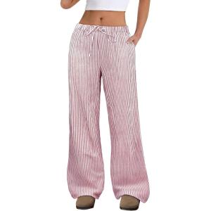 imageANRABESS Womens Striped Gingham Pants 2025 Fall Pajama Lounge Boxer Pants Casual Wide Leg Drawstring PJ Bottoms TrousersRed White Stripe