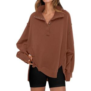 imageANRABESS Womens Sweatshirts Oversized Casual Loose Button Up Henley Pullover Top High Low Split 2025 Fall Fashion OutfitsBrown