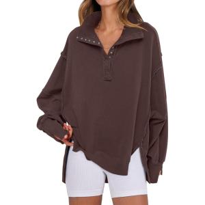 imageANRABESS Womens Sweatshirts Oversized Casual Loose Button Up Henley Pullover Top High Low Split 2025 Fall Fashion OutfitsCoffee