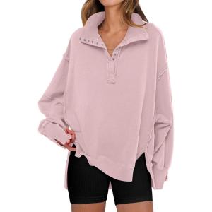 imageANRABESS Womens Sweatshirts Oversized Casual Loose Button Up Henley Pullover Top High Low Split 2025 Fall Fashion OutfitsPink