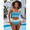 imageANRABESS Women High Waisted Bikini Sets Color Block Summer Beach Vacation 2 Piece Bathing Suit Tummy Control Ribbed SwimsuitBlue Green