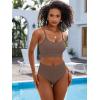 imageANRABESS Women High Waisted Bikini Sets Color Block Summer Beach Vacation 2 Piece Bathing Suit Tummy Control Ribbed SwimsuitBrown
