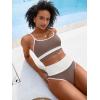 imageANRABESS Women High Waisted Bikini Sets Color Block Summer Beach Vacation 2 Piece Bathing Suit Tummy Control Ribbed SwimsuitBrown White
