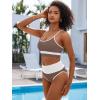 imageANRABESS Women High Waisted Bikini Sets Color Block Summer Beach Vacation 2 Piece Bathing Suit Tummy Control Ribbed SwimsuitBrown White