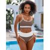 imageANRABESS Women High Waisted Bikini Sets Color Block Summer Beach Vacation 2 Piece Bathing Suit Tummy Control Ribbed SwimsuitBrown White
