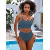 imageANRABESS Women High Waisted Bikini Sets Color Block Summer Beach Vacation 2 Piece Bathing Suit Tummy Control Ribbed SwimsuitGrey Blue