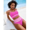 imageANRABESS Women High Waisted Bikini Sets Color Block Summer Beach Vacation 2 Piece Bathing Suit Tummy Control Ribbed SwimsuitHot Pink