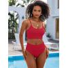 imageANRABESS Women High Waisted Bikini Sets Color Block Summer Beach Vacation 2 Piece Bathing Suit Tummy Control Ribbed SwimsuitRed