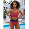 imageANRABESS Women High Waisted Bikini Sets Color Block Summer Beach Vacation 2 Piece Bathing Suit Tummy Control Ribbed SwimsuitRed Navy