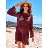 imageANRABESS Women Swimsuit Swim Coverup 2025 Long Sleeve Mini Crochet Pool Bathing Suit Swimwear Mesh Knit Beach Vacation DressBurgundy