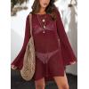 imageANRABESS Women Swimsuit Swim Coverup 2025 Long Sleeve Mini Crochet Pool Bathing Suit Swimwear Mesh Knit Beach Vacation DressBurgundy
